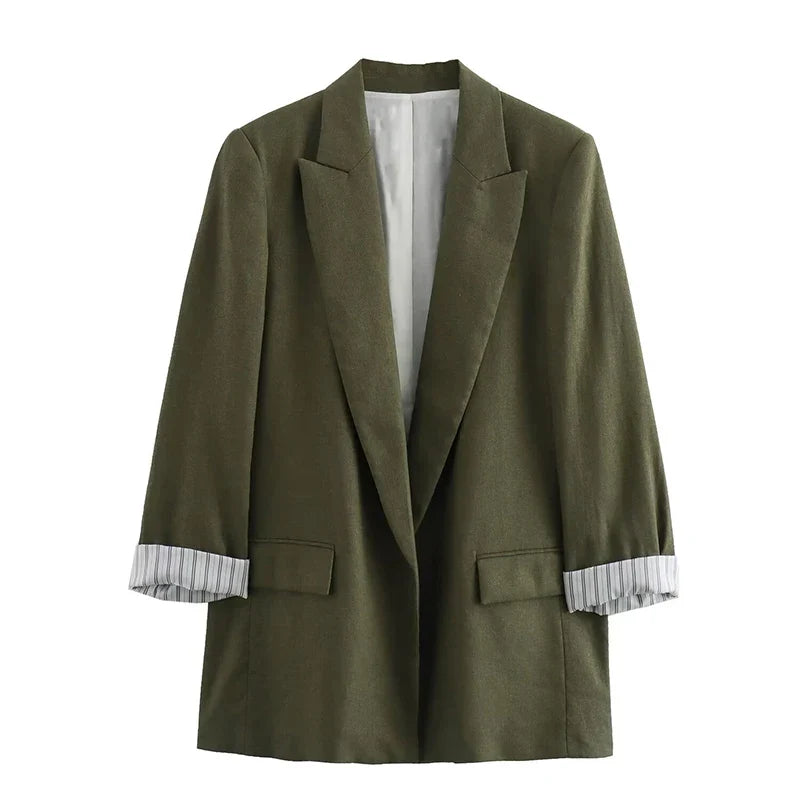Women Fashion With Pockets Solid Blazer Vintage Notched Neck Long Sleeves Female Chic Lady Outfits