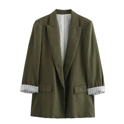 Women Fashion With Pockets Solid Blazer Vintage Notched Neck Long Sleeves Female Chic Lady Outfits