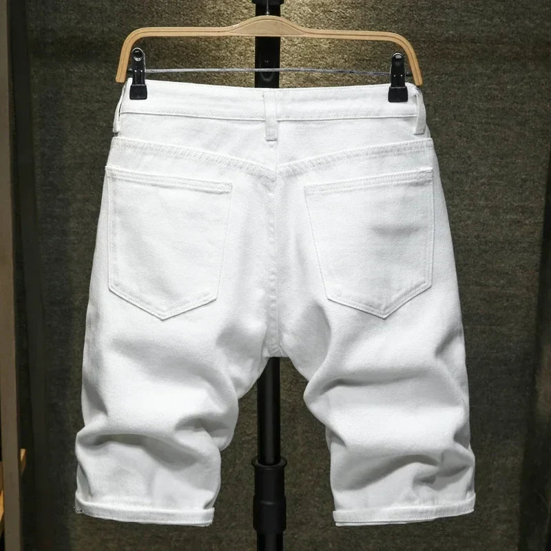 New White Jeans Shorts Men Fashion Ripped Knee Length Pants Simple Casual Slim Hole Denim Shorts Male Streetwear