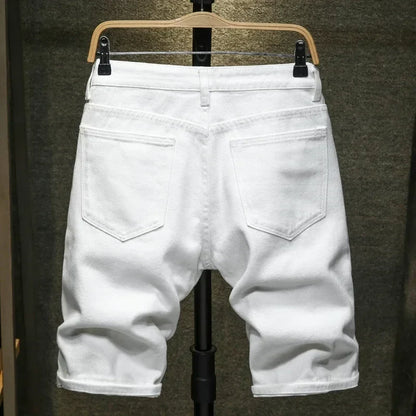 New White Jeans Shorts Men Fashion Ripped Knee Length Pants Simple Casual Slim Hole Denim Shorts Male Streetwear