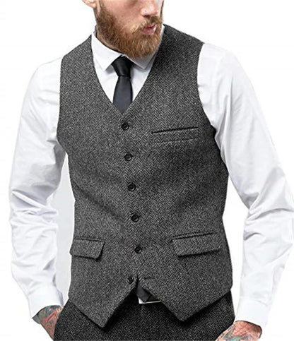 Herringbone Vest for Men Wool Tweed Waistcoat for Groom Groomsman Formal Single Breasted Males Plus Size Dress Suit Vest
