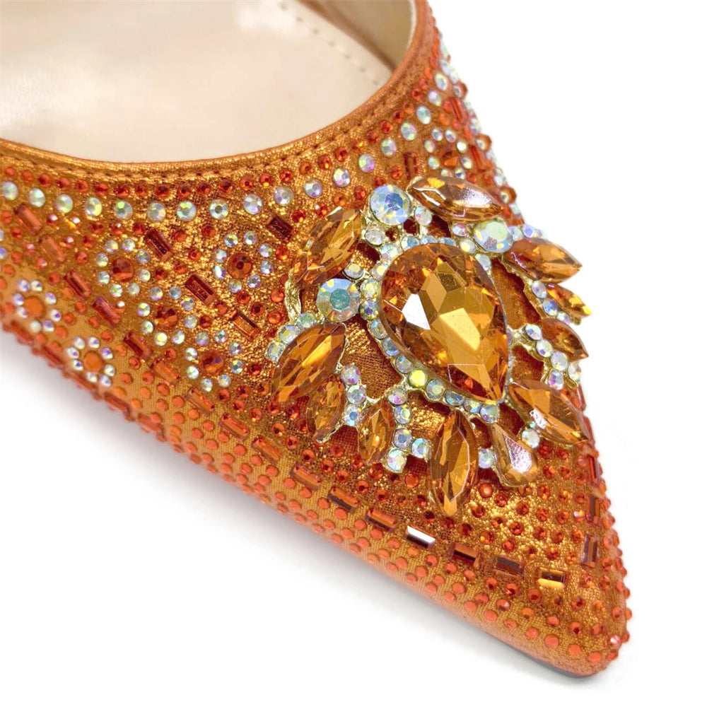 2024 Latest Wedding Pointed Toe Women's Shoes High Heel Black Color Rhinestones italian shoes and bags matching set