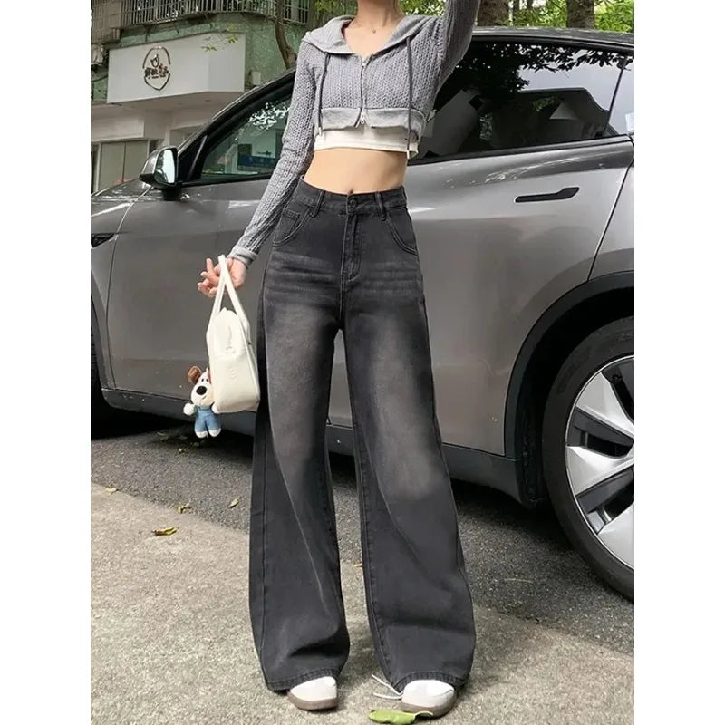Casual High Waist Jeans Denim Loose Fit Personality Vintage Black Gray Straight Leg Wide Leg Trousers Women Women's pants
