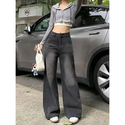 Casual High Waist Jeans Denim Loose Fit Personality Vintage Black Gray Straight Leg Wide Leg Trousers Women Women's pants