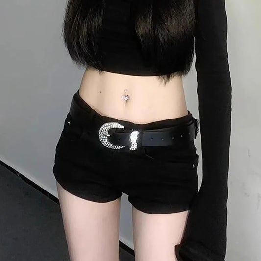 Summer Black Hot Shorts for Women Sexy Low Rise Y2K Gothic Tight Denim Short Pants Female Harajuku Streetwear Grunge Mini Shorts