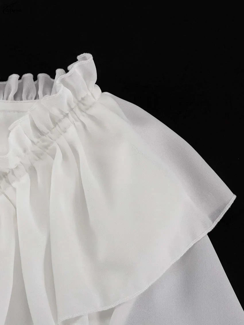 Elegant White Ruffled Dresses 2025 Woman Fashion V-Neck Lace-Up Long Sleeve Dresses Casual High Waist Floor-Length Dress