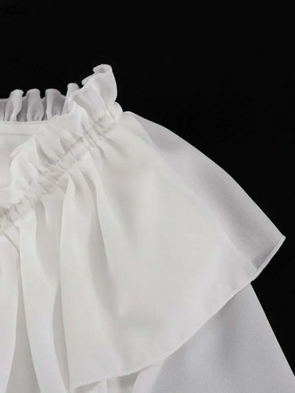 Elegant White Ruffled Dresses 2025 Woman Fashion V-Neck Lace-Up Long Sleeve Dresses Casual High Waist Floor-Length Dress
