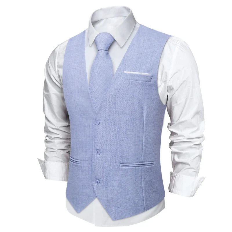 Fashion Men Vest Blue Single Breasted V Neck Solid Waistcoat For Wedding Birthday Party Prom Business Daily Casual Men Suit Vest