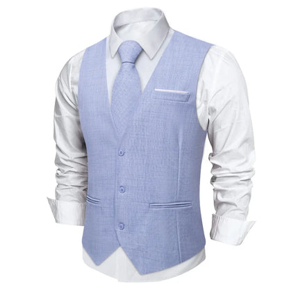 Fashion Men Vest Blue Single Breasted V Neck Solid Waistcoat For Wedding Birthday Party Prom Business Daily Casual Men Suit Vest