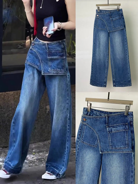 Plus Size American Style Women's Jeans Vintage Washed High Waist Irregular Loose Wide Leg Trousers All-match Ladies Denim Pants