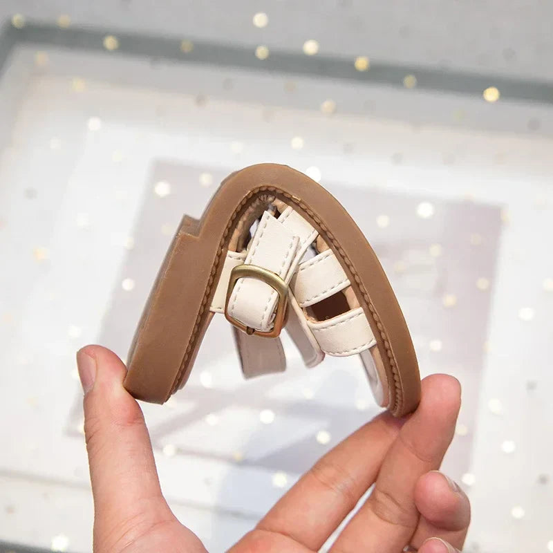 Girls Roman Sandals Open Toe Little Kids Leather Sandals with Buckle Open Toe Children Summer Beach Shoes Non-Slip Soft Sole