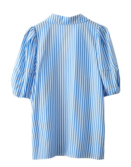 Minimalist New Summer Style 2025 Shirt for Women Turn Down Collar V-neck Lantern Sleeves Blue White Stripes Shirt 12542087