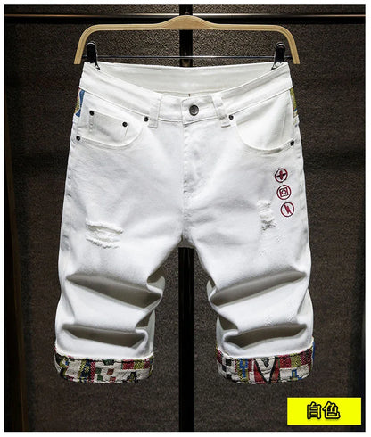 New Summer Fashion Trend Ripped Straight Tube Printed Denim Shorts Men's Casual Loose Comfortable Sports High Quality Pants
