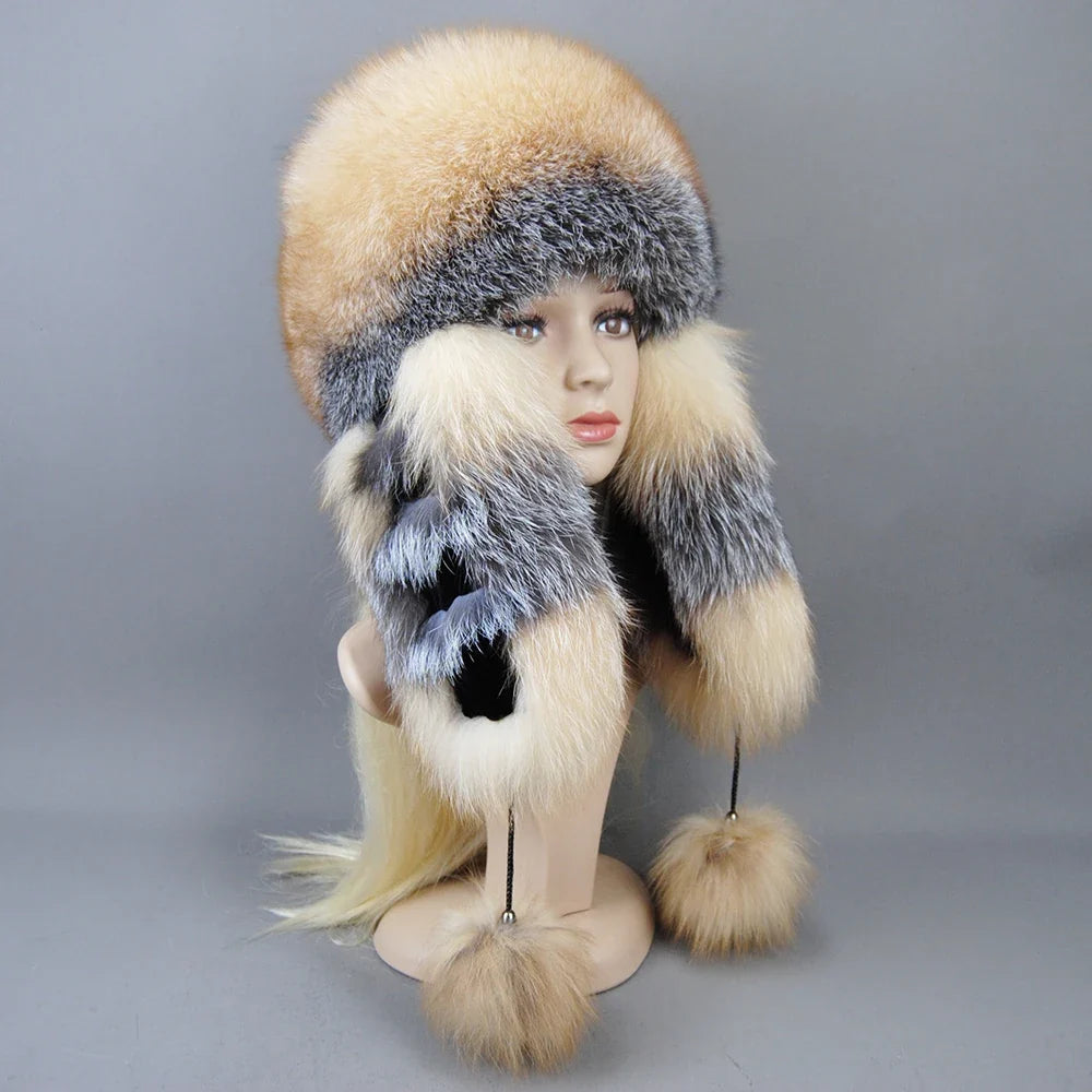 Hot Sale Lady Winter Warm Luxury 100% Natural Fox Fur Hat Fashion Fluffy Fox Fur Rex Rabbit Fur Caps Women Real Fur Bomber Hats