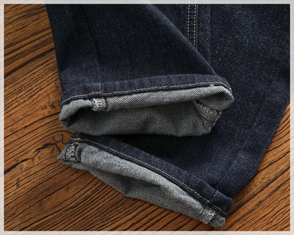 Anti-fading solid color general wash primary color denim jeans men's dark American casual loose straight cone pants