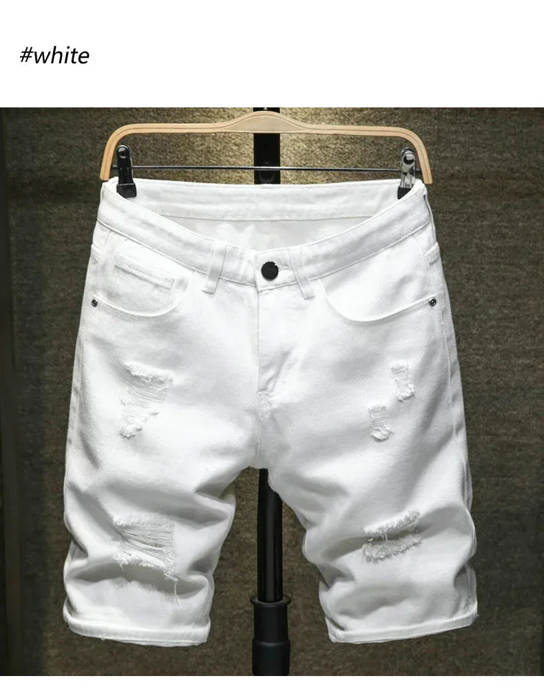 New White Jeans Shorts Men Fashion Ripped Knee Length Pants Simple Casual Slim Hole Denim Shorts Male Streetwear