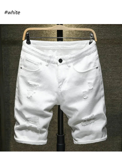 New White Jeans Shorts Men Fashion Ripped Knee Length Pants Simple Casual Slim Hole Denim Shorts Male Streetwear