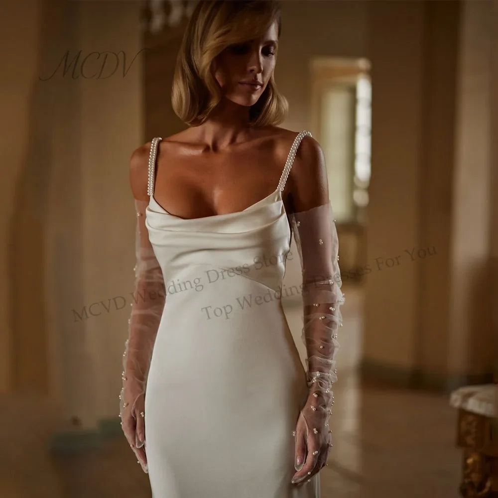 Elegant Beading Wedding Dresse Spaghetti Straps Mermaid Satin Backless Pleat Sexy Bride Dress Vestidos De Novia Customized