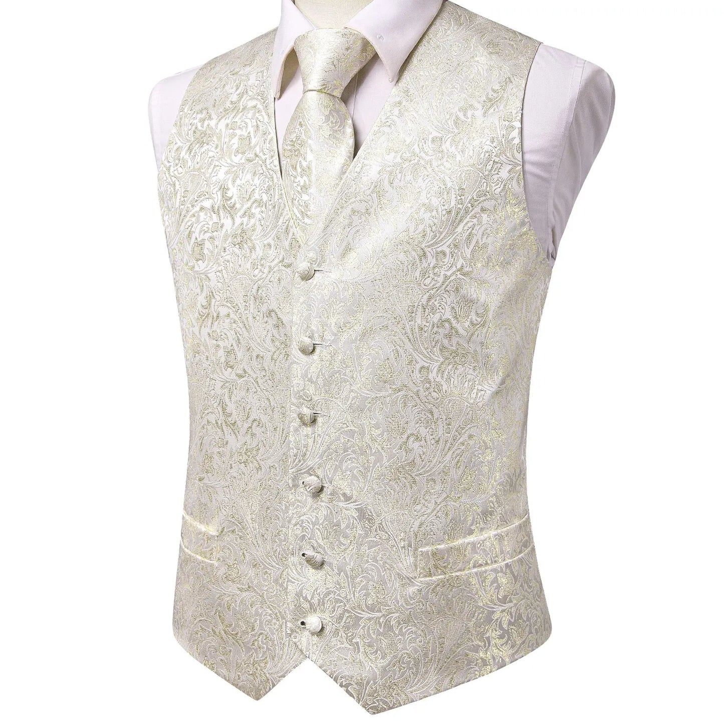 Beige Yellow Silk Mens Vest Hanky Cufflinks Set Jacquard Floral Social Waistcoat Sleeveless Jacket for Wedding Business