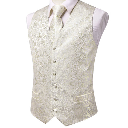 Beige Yellow Silk Mens Vest Hanky Cufflinks Set Jacquard Floral Social Waistcoat Sleeveless Jacket for Wedding Business