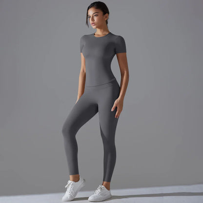 Yoga Set Women Workout Set Sportswear Gym Clothing Fitness Shorts Sleeve Crop Top High Waist Leggings Sports Suits