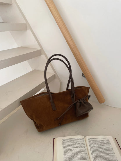 Vintage Large Capacity Suede Tote Bag Designer Trapeze Shoulder Bags for Women Luxury Genuine Leather Handbag and Purse 2026