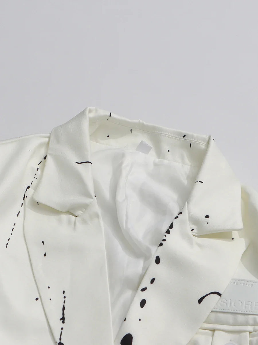 Ink Splashing Print Fashion Blazer for Women Notched Collar Long Sleeve Hollow Out Design Loose Coat Female Autumn