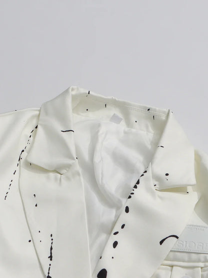 Ink Splashing Print Fashion Blazer for Women Notched Collar Long Sleeve Hollow Out Design Loose Coat Female Autumn