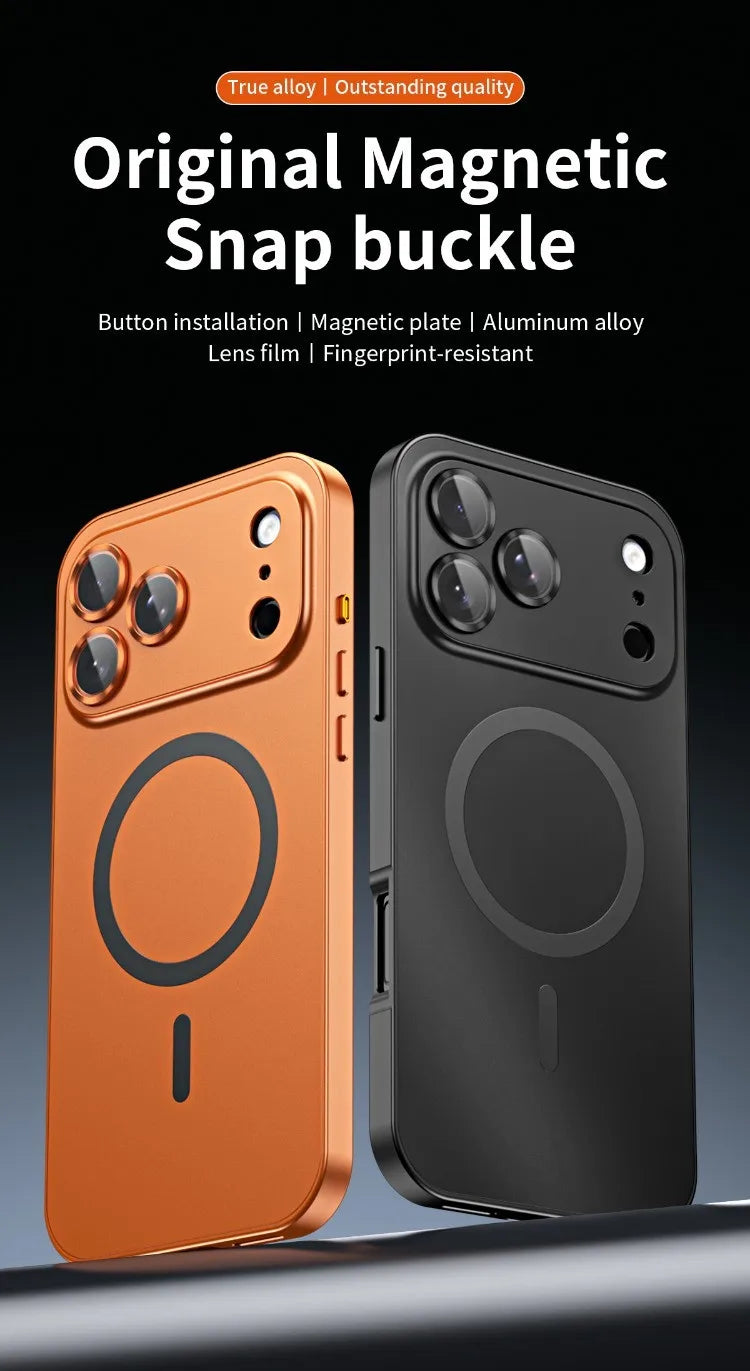 For iPhone Air, 17 Pro Max Magnetic Case ELVEV Anti-fingerprint Alloy Snap Buckle Phone Cover with Alloy Lens Ring Film
