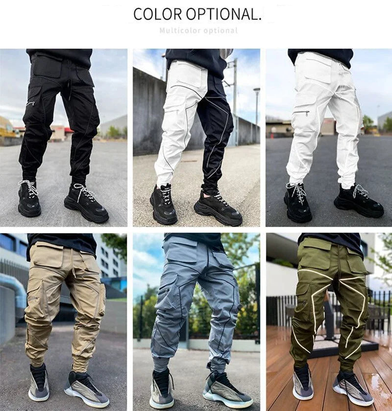 Men's Casual Pants Multi-pocket Cargo Trousers Striped Reflect Sweatpants Breathable Lightweight Jogging Trousers Gym Trackpant