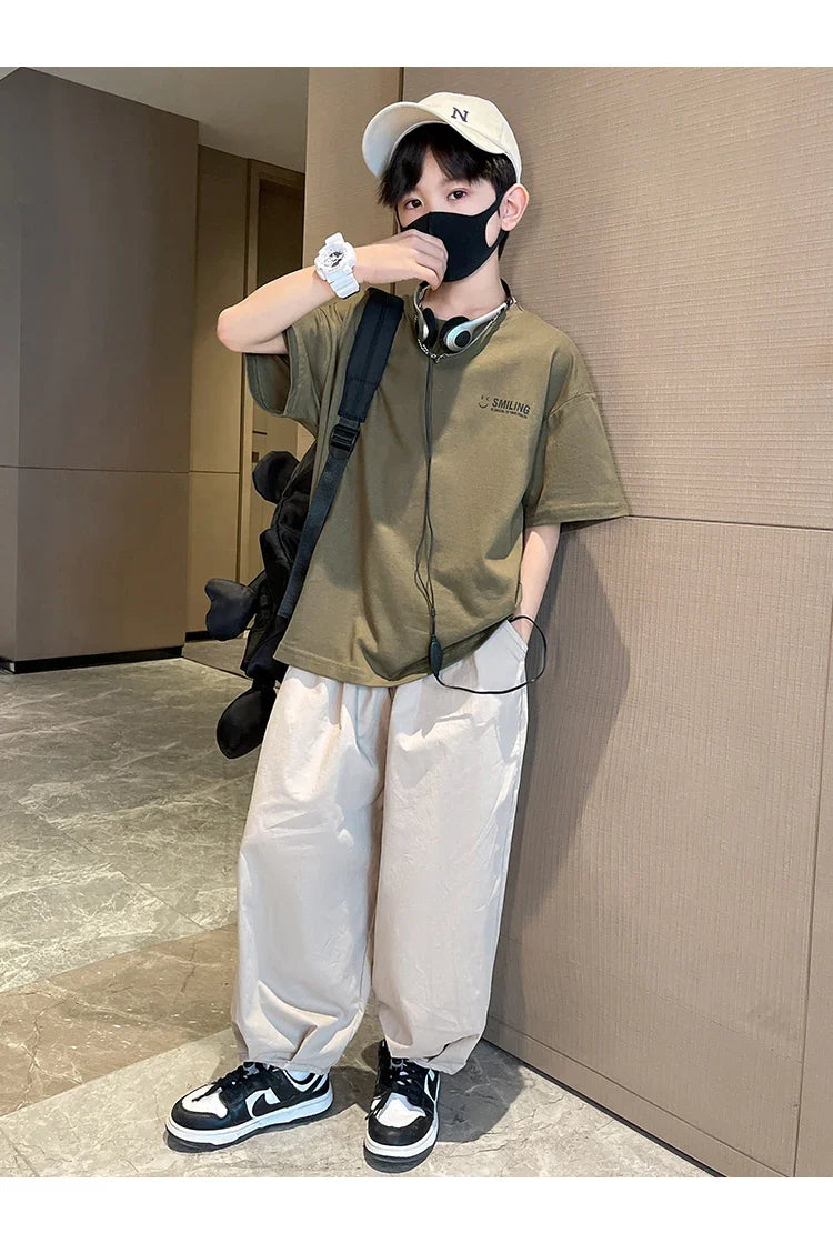 Teens Children's Summer Sets for Boys Clothing Cotton Set 2025 New Fashion Kids Loose Handsome T-shirt+ Lantern Pants Set Outfit