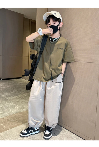 Teens Children's Summer Sets for Boys Clothing Cotton Set 2025 New Fashion Kids Loose Handsome T-shirt+ Lantern Pants Set Outfit