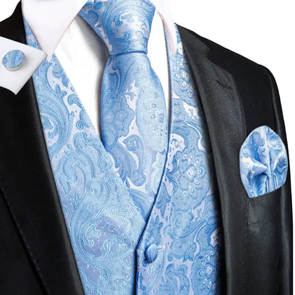 Jacquard Silk Mens Waistcoat Tie Set Sleeveless Jacket Necktie Hanky Cufflinks Suit Gold Blue Black Vest Wedding Business