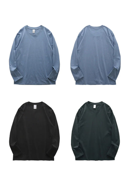 Men's 260G Long Sleeve T Shirts 2025 Spring Pure Cotton Solid Color Basic Crew-Neck Undershirt Men's Loose Tops 11 Color