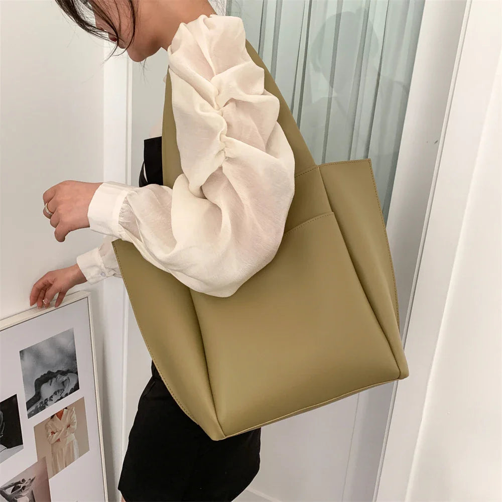 High Quality Soft Leather Woman Casual Tote Shopper Solid Color Handbags Large Capacity Single Shoulder Bag with Outer Pocket