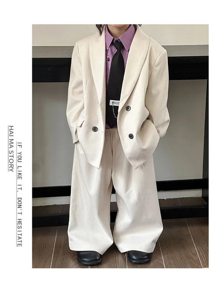 Boys Woollen Loose Blazer Jacket Pants Suits Kids Formal Dress Performance Casual Clothes Sets Child Toddler Party Leisure Suit