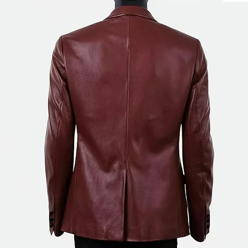 Men's Dress Leather Jacket Burgundy Luxury Slim Fit Notchde Lapel Flap Pocket Retro Soft Sport Coat For Business Casual