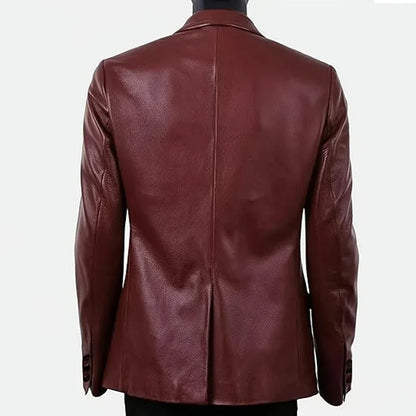 Men's Dress Leather Jacket Burgundy Luxury Slim Fit Notchde Lapel Flap Pocket Retro Soft Sport Coat For Business Casual