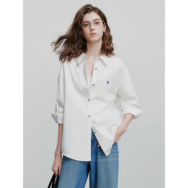 Women Blouse Shirt 2025 Spring New Love Embroidered Simple and Versatile Solid Color Pure Cotton Shirt Tops