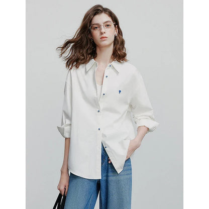Women Blouse Shirt 2025 Spring New Love Embroidered Simple and Versatile Solid Color Pure Cotton Shirt Tops
