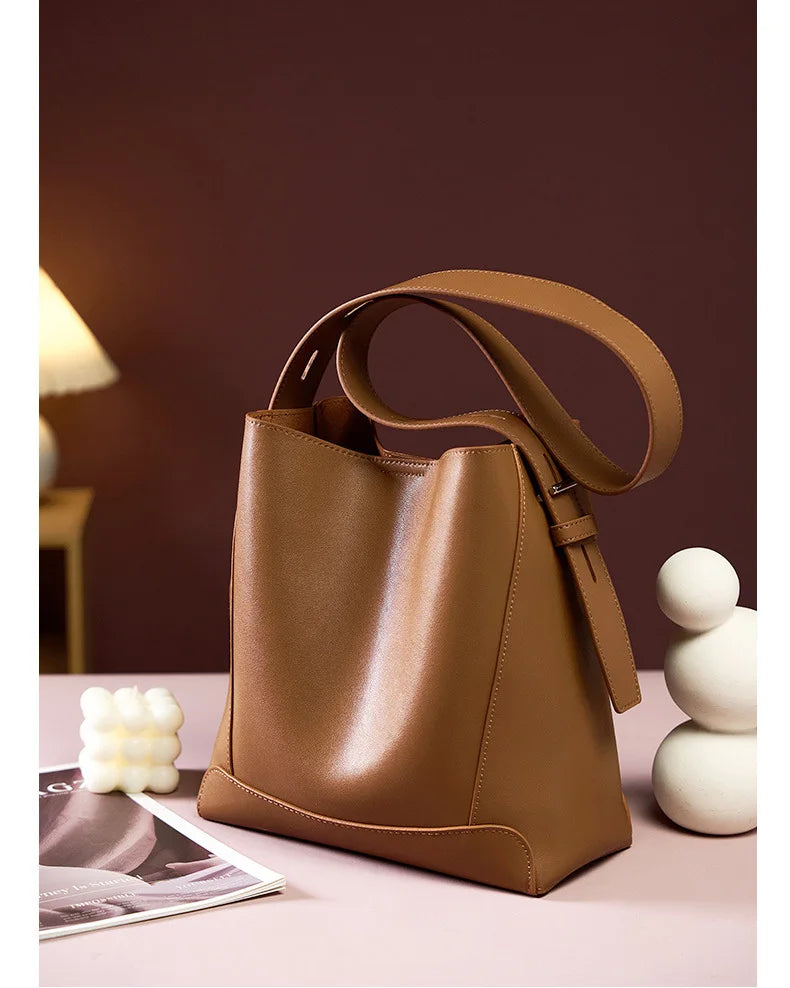 Ladies' Split Leather Bucket Shoulder Bags Female Commute Shopping Messenger Bags Adjustable Shoulder Strap Women Casual Handbag