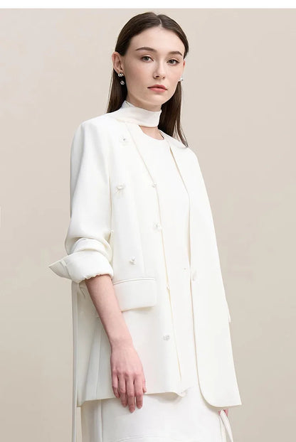 Women's Jacket 2026 Autumn New Elegant Commuter Beaded Flower Chiffon Streamer Tie Blazers Solid Loose V-Neck Top 12641078