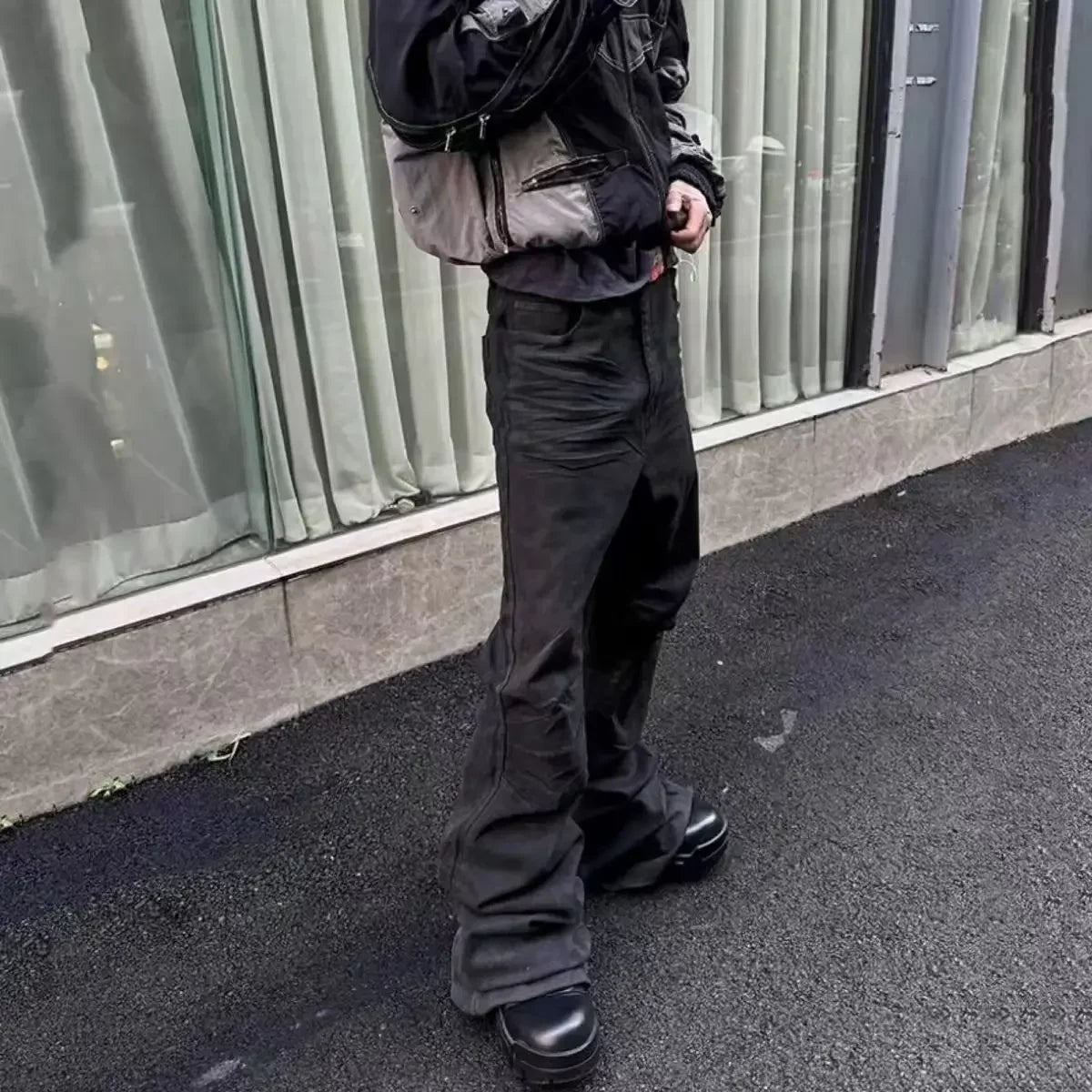 High street coated micro-flare jeans American retro heavy industry men and women black gothic retro casual loose jeans