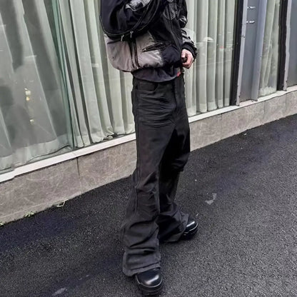 High street coated micro-flare jeans American retro heavy industry men and women black gothic retro casual loose jeans