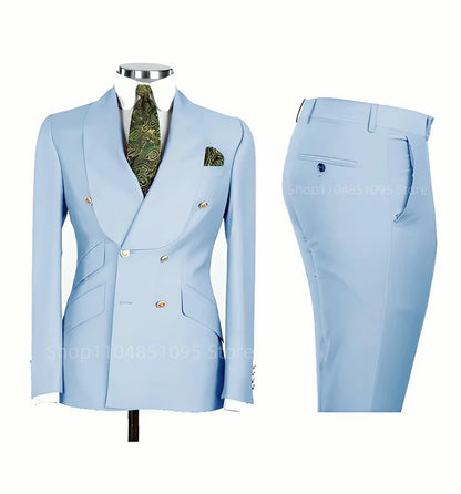 Smart Casual Solid 2 PCS Men Suits Formal Groom Tuxedos Shawl Lapel Double Breasted Jacket Pants Business/Wedding Suits Set