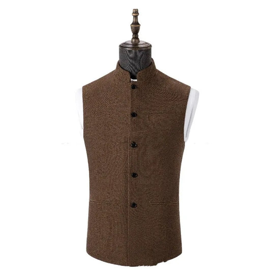 Man Suit Vest Vintage Stand Collar Single-breasted Men Waistcoat Slim Simple Solid Color Business Casual Male Vest