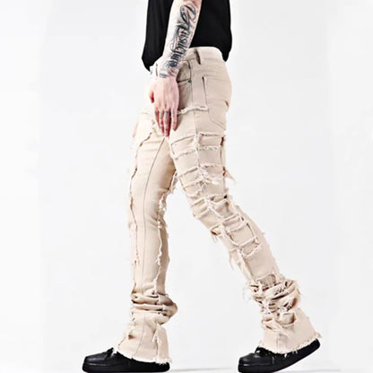 New European and American Heavyweight Streetwise Stretch Patch Jeans for Men, High Street Straight Fit Long Jeans16-3001