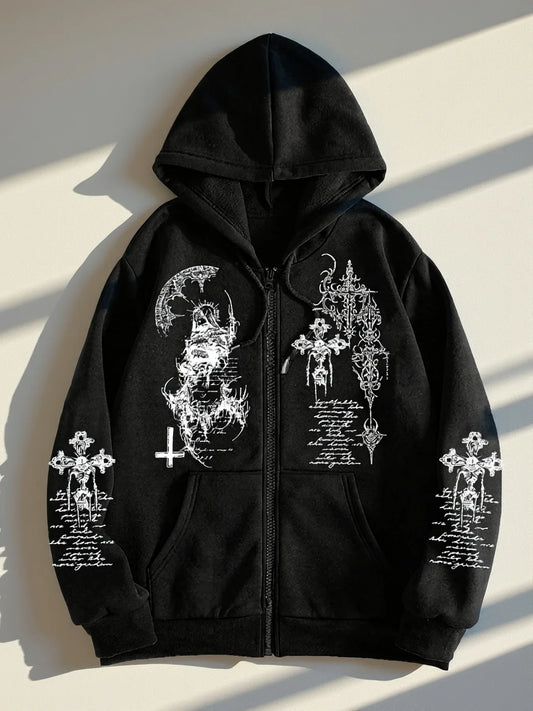 Men's Gothic Dark Angel Printed Zipper Hoodie, The Perfect Choice for Fashionable Streetwear in Casual Occasions