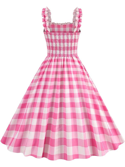 Spaghetti Strap Pink Plaid Dress Women Summer Elegant Vintage 50s Rockabilly Swing Party Dress