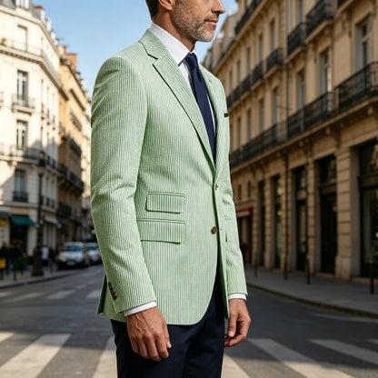Men's Striped Seersucker Blazer Slim Fit Casual Suit Jacket Formal Business Coat Breathable Spring Summer Streetwear Outerwear